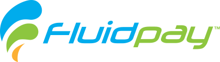 FluidPay logo. It features FluidPay's lettermark, company colors of green and blue, and their mascot.